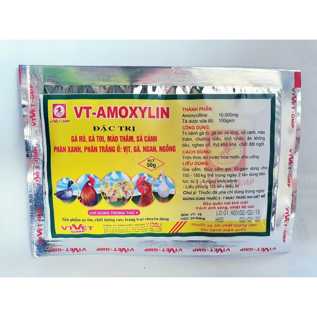 Trị bệnh gà rù, gà toi, mào thâm, sã cánh, phân xanh, phân trắng ở: vịt, gà, ngan, ngỗng-VT AMOXYLIN ( 50g)