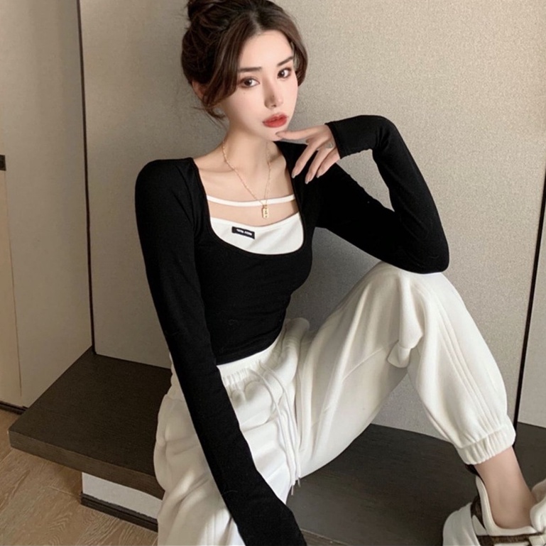 Áo thun tay dài ôm dáng 2 màu tùy chọn thời trang mùa thu Hàn Quốc trẻ trung cho nữ