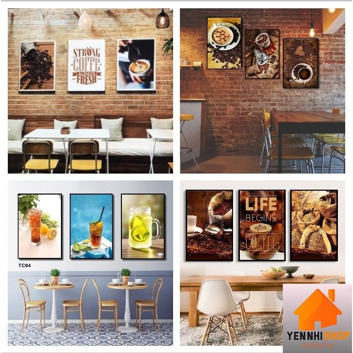 Tranh treo quán Cafe, quán trà sưã, quán trà chanh, tranh canvas có khung treo đẹp hơn tranh decal, tặng kèm đinh treo