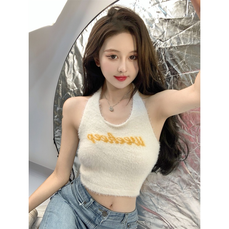 Cocory vn  Áo Croptop Dệt Kim Hai Dây In Chữ Dáng Ôm Gợi Cảm Cho Nữ