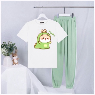 Sét Bộ Quần Áo Ulzzang Mùa Hè Nữ Mặc Đi Chơi Xinh Cute, Áo Phông Cotton Ngắn Tay In 3D Bé Thỏ Rua Phối Quần Thun Bo Gấu