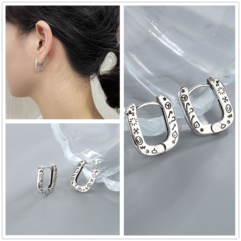 Khuyên Tai Bạc In Họa Tiết Graffiti Thời Trang Cho Nữ