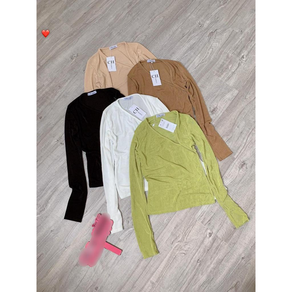 Áo thun nữ tay dài kiểu cổ lệch dáng ngắn croptop chất nhung nhũ trơn xinh hot