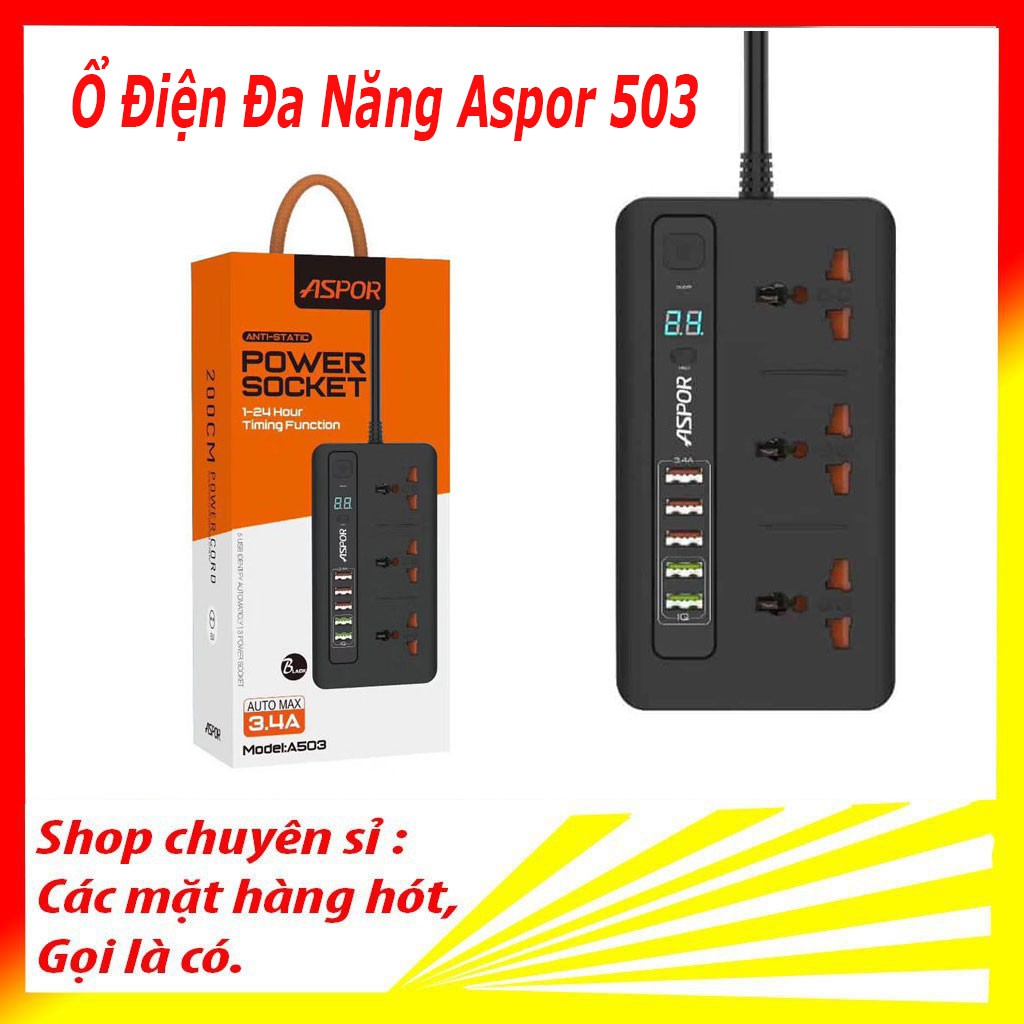 Phích cắm - Ổ cắm điện hẹn giờ thông minh chính hảng ASPOR A503 tự điều áp với 5 cổng USB Sạc nhanh 3.4A