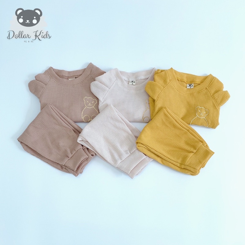Bộ dài tay phối tai gấu cotton tổ ong đáng yêu cho bé trai, bé gái