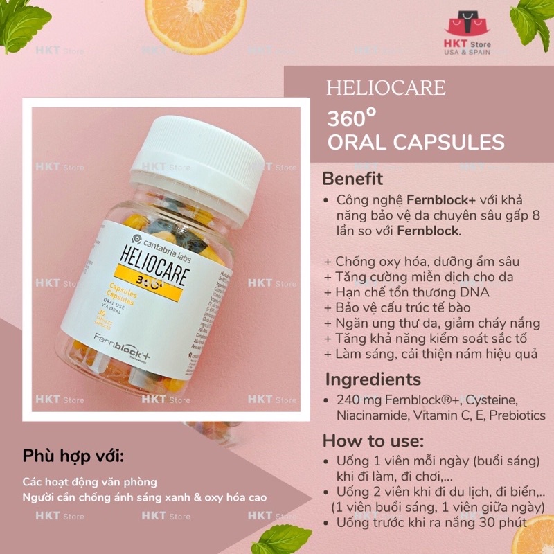 Viên uống chống nắng dòng Heliocare 360 công nghệ Fernblock®+ chống ánh sáng xanh 30 viên