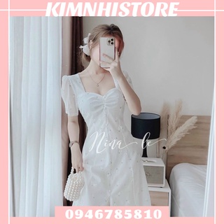 Đầm midi hoa trắng nhíu ngực phối nút ngọc