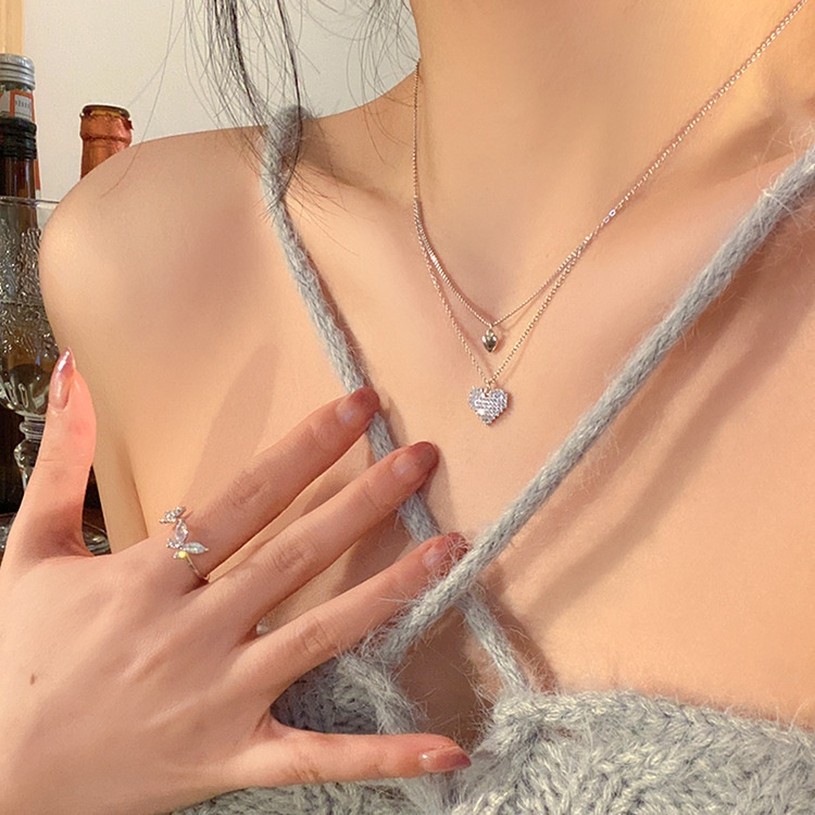 Vòng cổ Mạ Bạc 925 Hai Lớp Mặt Hình Trái Tim Đính Đá Thời Trang Dành Cho Nữ