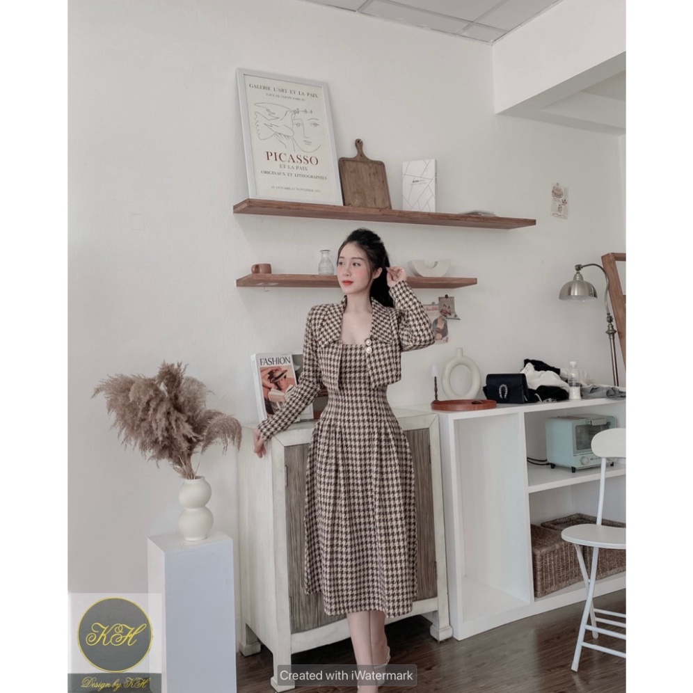 Set dạ tweed họa tiết gồm váy hai dây và áo khoác siêu xinh phong cách tiểu thư _ có ẢNH THẬT | BigBuy360 - bigbuy360.vn
