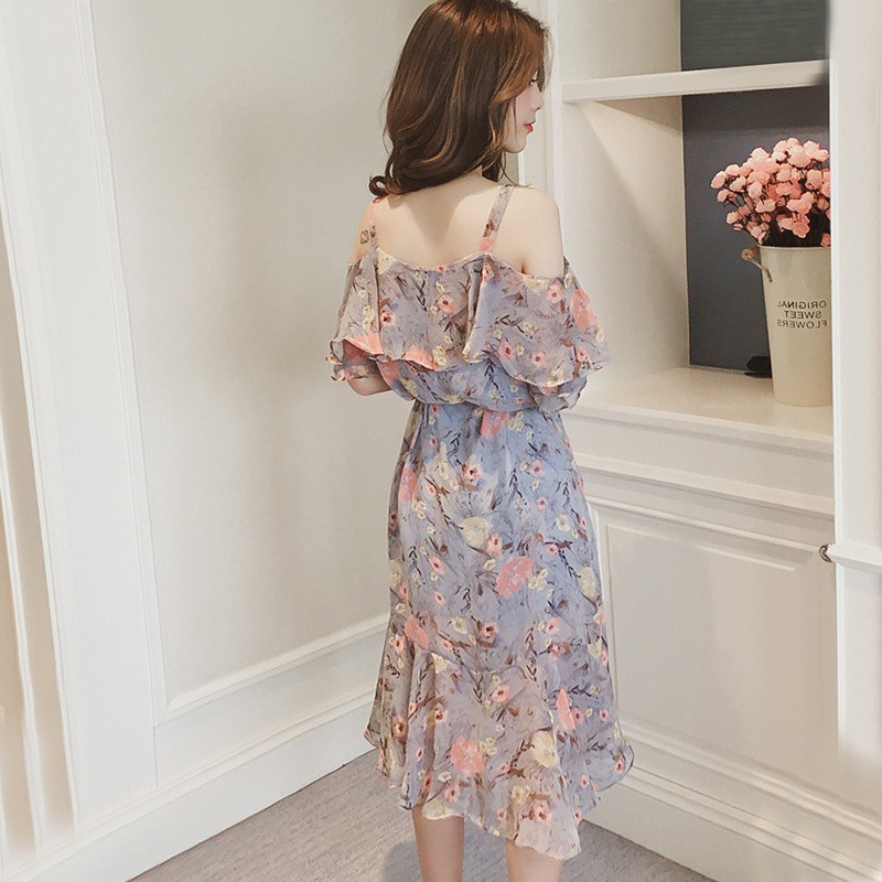 Đầm tay ngắn hở vai chất liệu voan hoạ tiết hoa nữ tính | BigBuy360 - bigbuy360.vn