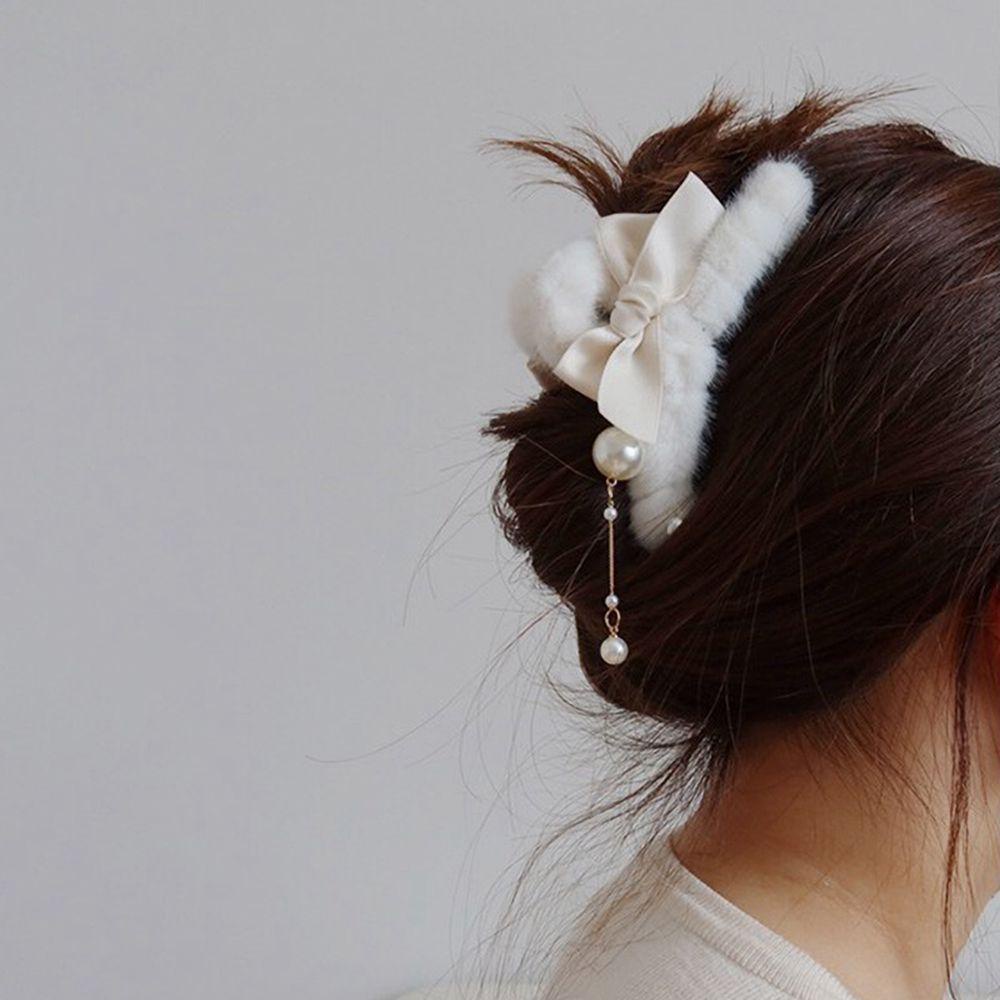 Kẹp Tóc Càng Cua Vải Lông Xù Kiểu Hình Học Phối Tua Rua Thời Trang Thu Đông Cho Nữ