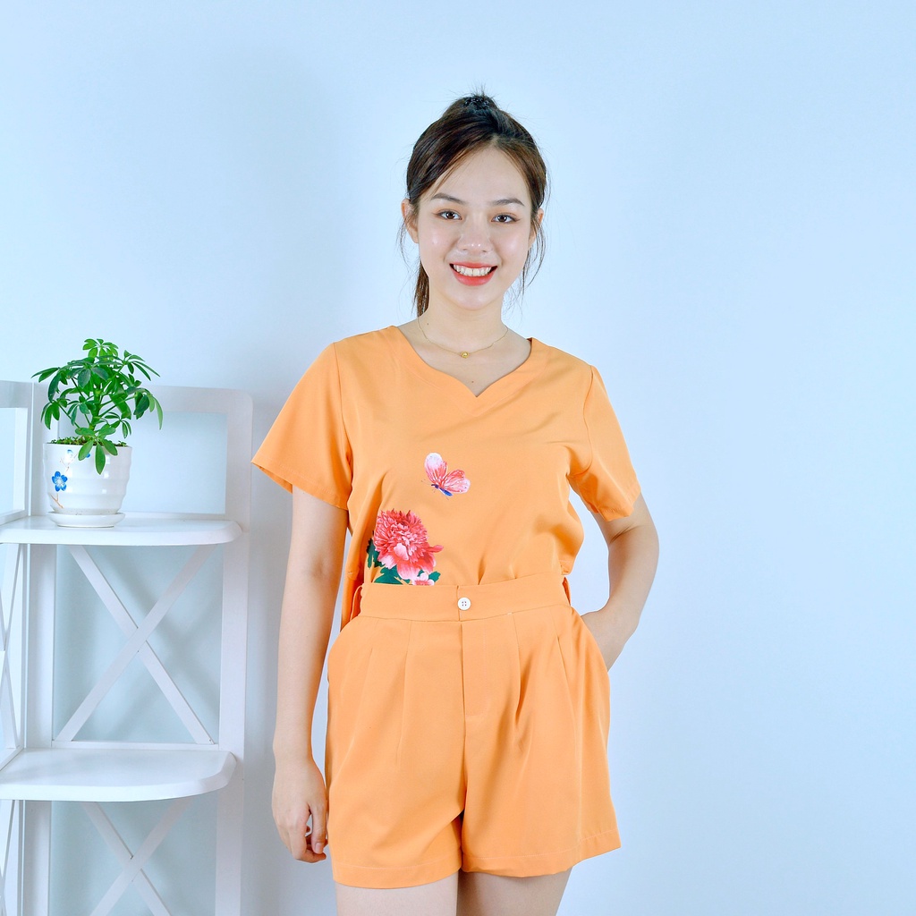 Bộ đồ nữ MÀU VÀNG CAM IN HOA CỰC XINH  - vải lụa cao cấp - Lịch sự - Quý phái