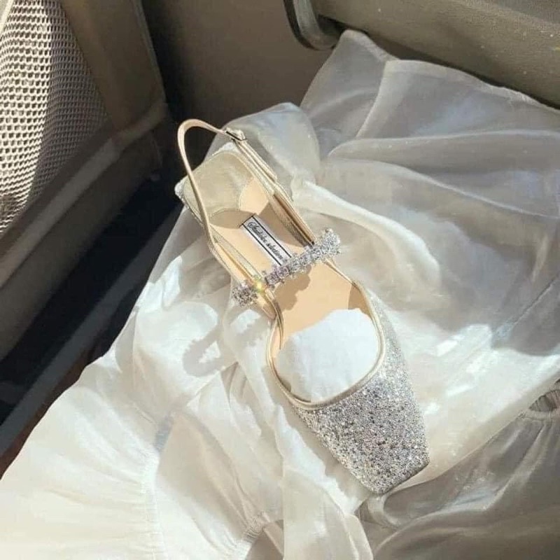 Giày cao gót Mary Jane mẫu mới mùa xuân 2022 đầu mũi vuông kết hợp dây đính đá