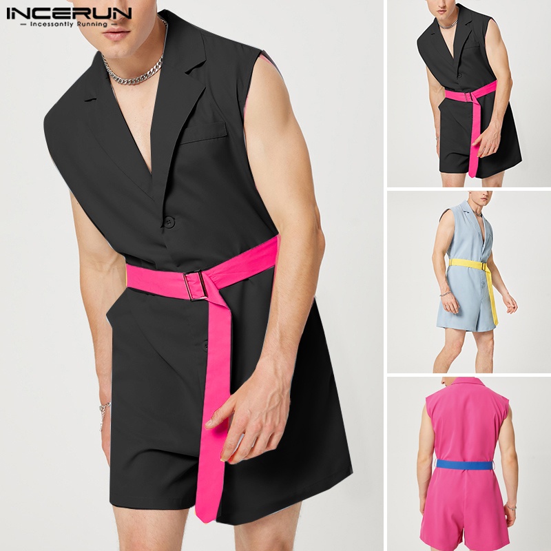 INCERUN Bộ Áo Liền Quần Cổ Bẻ Không Tay Phối Thắt Lưng Thời Trang Mùa Hè Cho Nam