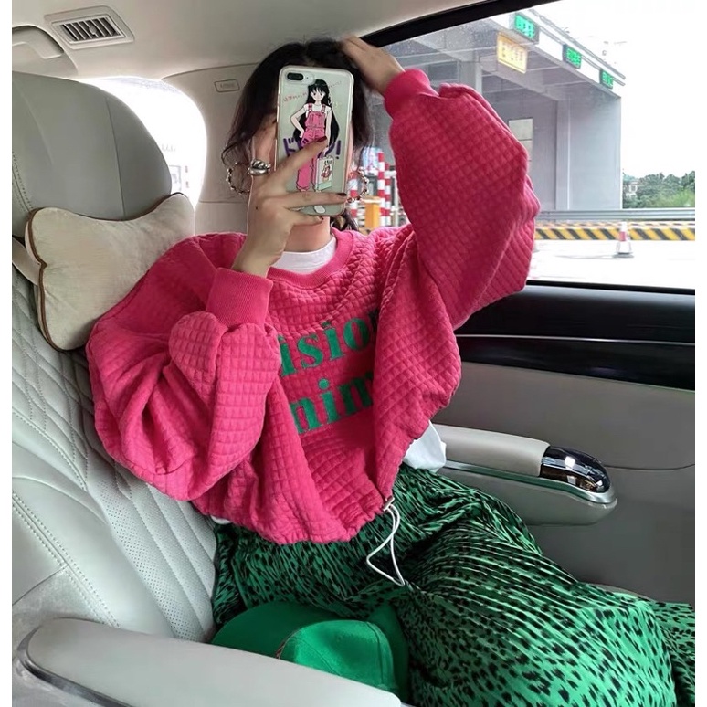 Áo croptop xốp có rút dây màu hồng cá tính