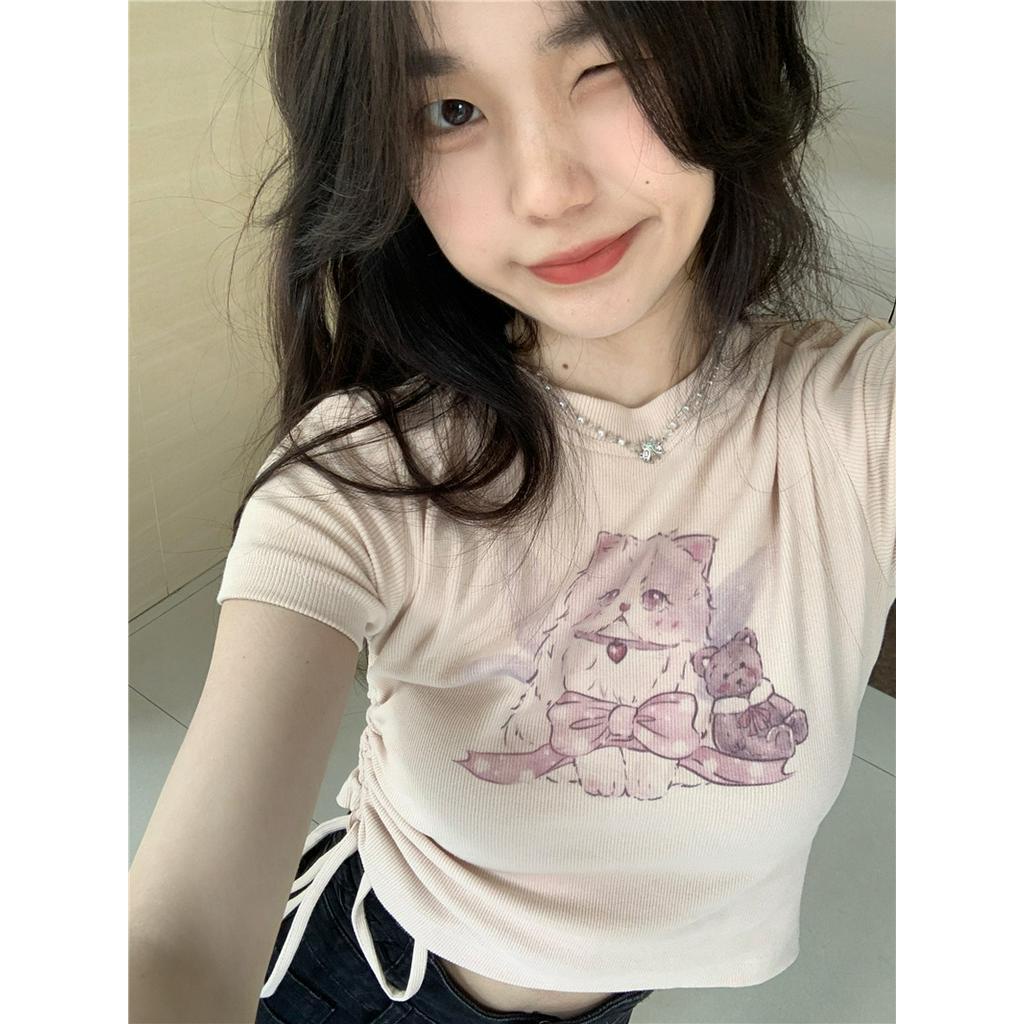 Áo Thun Tay Ngắn Rút Dây In Hình Mèo Phong Cách Mới 63138