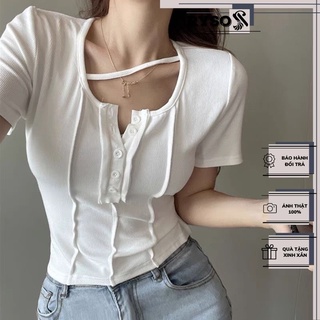 Áo thun croptop tay ngắn cổ tròn phối nút chất borip gân cao cấp