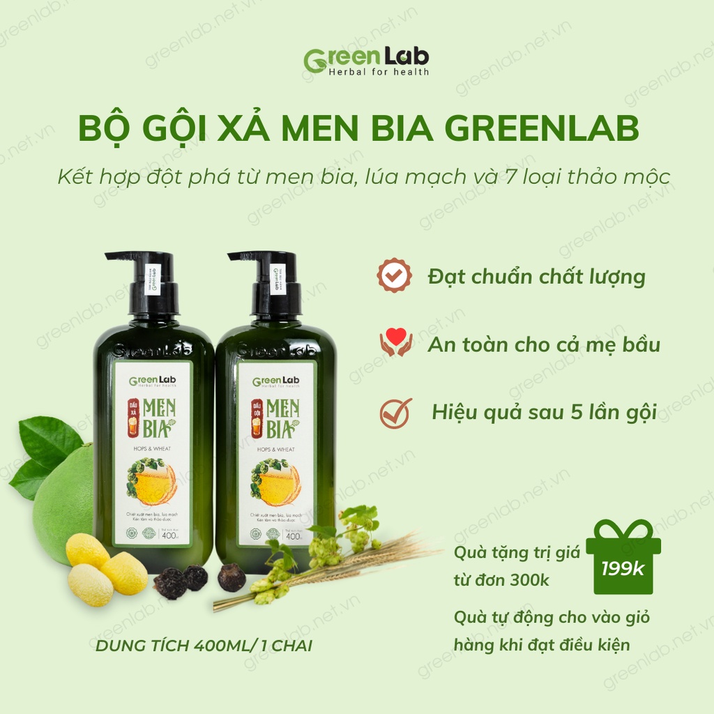 Bộ dầu gội, dầu xả Men Bia GreenLab sạch gàu, phục hồi cao cấp 400ml/1chai