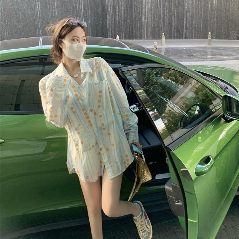 Áo Sơ Mi Tay Dài Dáng Rộng Họa Tiết Chấm Bi Thiết Kế Mới Phong Cách Hàn Quốc