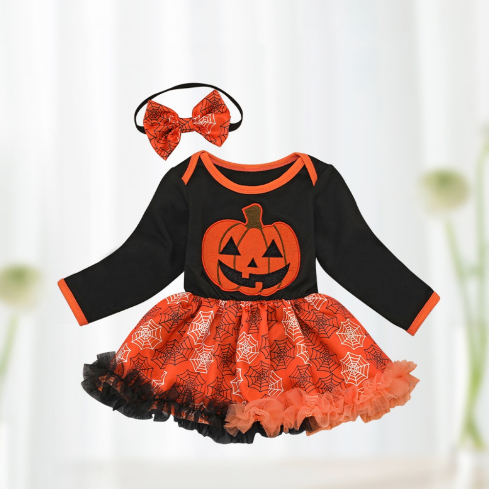 Đầm Tay Dài Hoạ Tiết Bí Ngô Phong Cách Halloween Cho Bé