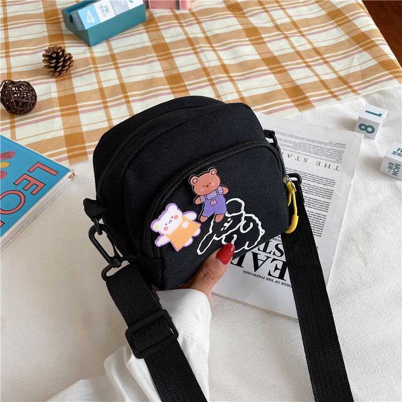 Túi Đeo Chéo Vải Canvas Mềm Họa Tiết Hoạt Hình Đáng Yêu Phong Cách Harajuku