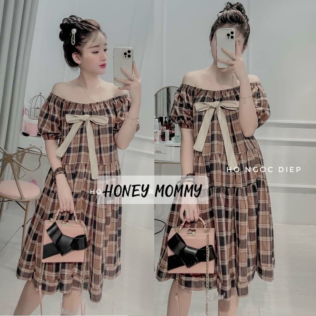 Váy Bầu Trễ Vai Kẻ Caro Nâu Nơ Ngực HD2828 Honey Mommy Đầm Bầu Đuôi Cá Đi Chơi Đi Tiệc Dáng Suông Xòe