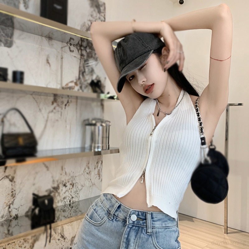 Áo Croptop Dệt Kim Hai Dây Màu Sắc Đơn Giản Cho Nữ