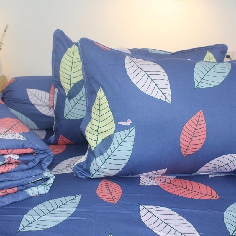drap cotton Thắng Lợi, ga giường chuẩn logo thoáng mát mẫu LÁ RƠI XANH