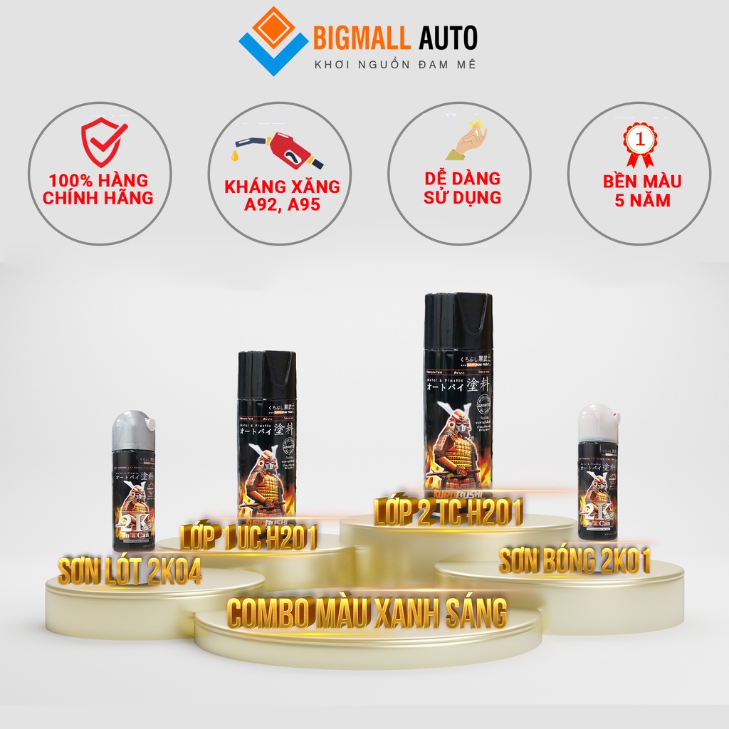 Combo sơn samurai màu hai lớp xanh sáng UC + TCH201 loại 2K chuẩn quy trình độ bền 5 năm gồm 2K04 -TCH201 - UCH201 -2k01