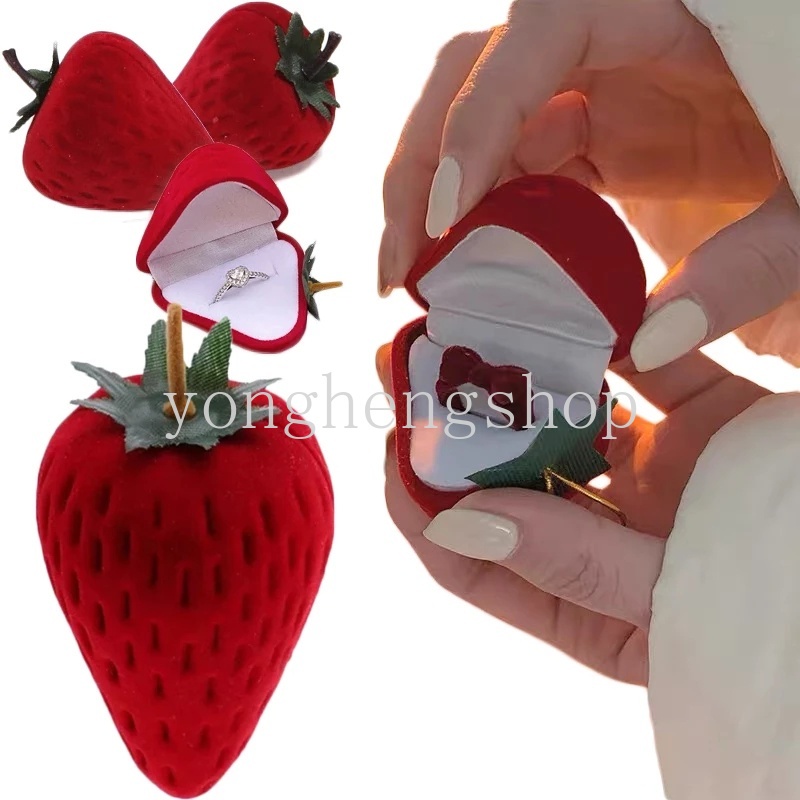 Hộp Đựng Nhẫn Cưới Hình Trái Dâu Bằng Nhung Dễ Thương Xinh Xắn