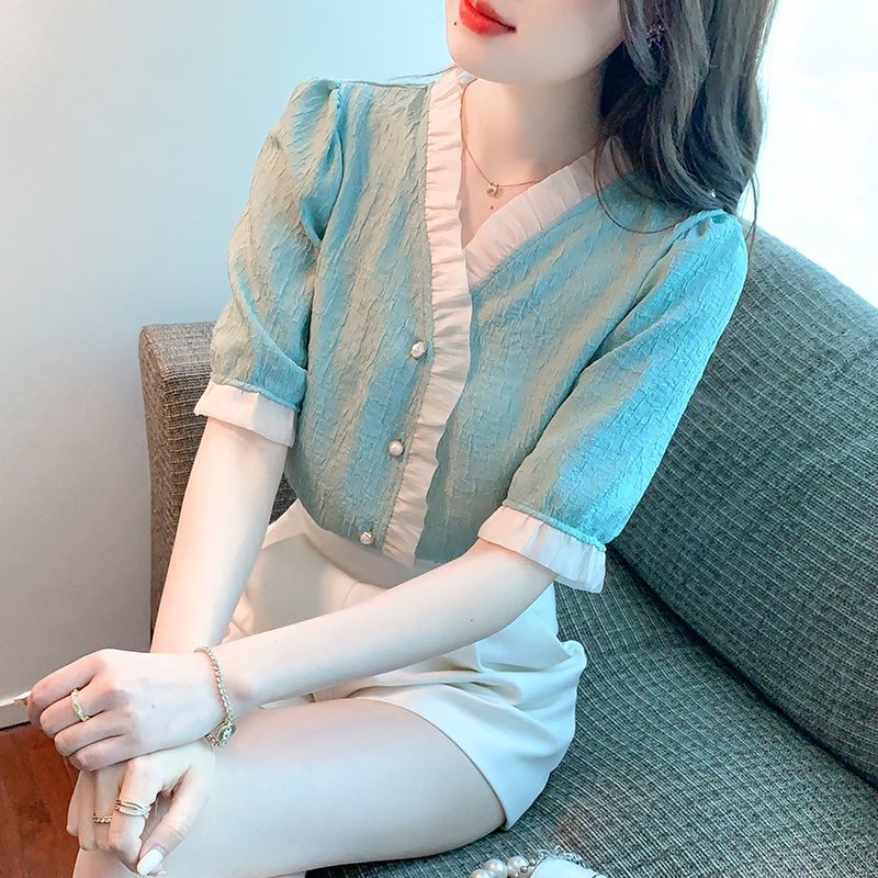 AMOI Áo Voan Tay Phồng Ngắn Cổ Chữ V Xinh Xắn Thời Trang Kiểu Pháp Cho Nữ 2022