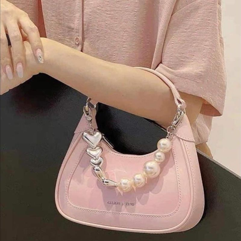 Túi xách nữ đeo chéo dây ngọc tim quai xách kèm dây da mẫu mới 3 màu sang choảnh jumito