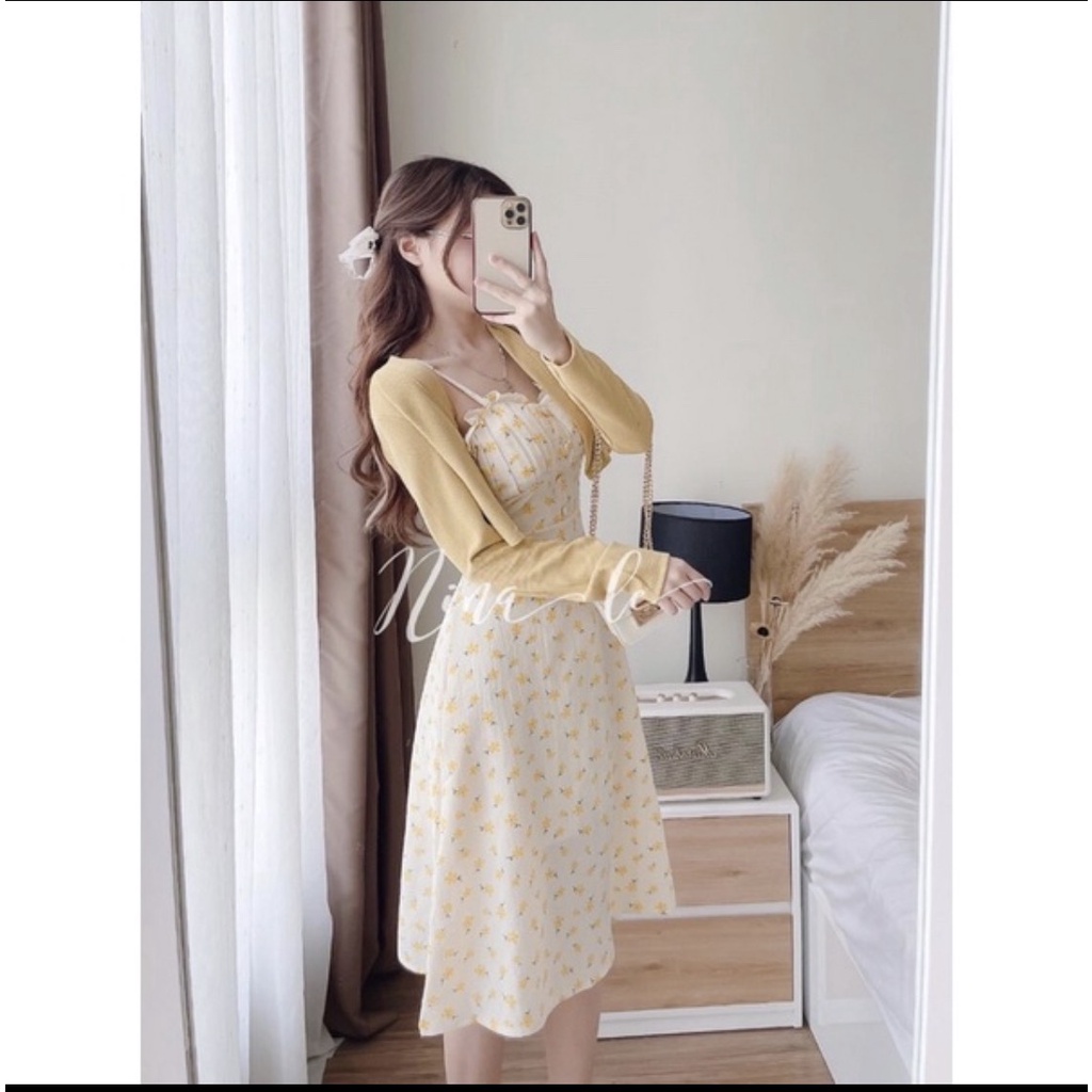 Váy 2 dây nữ hoa nhí dáng dài hàng QC cao cấp loại 1, Set váy hoa nhí 2 dây kèm áo Cardigan mặc đi biển bao xinh