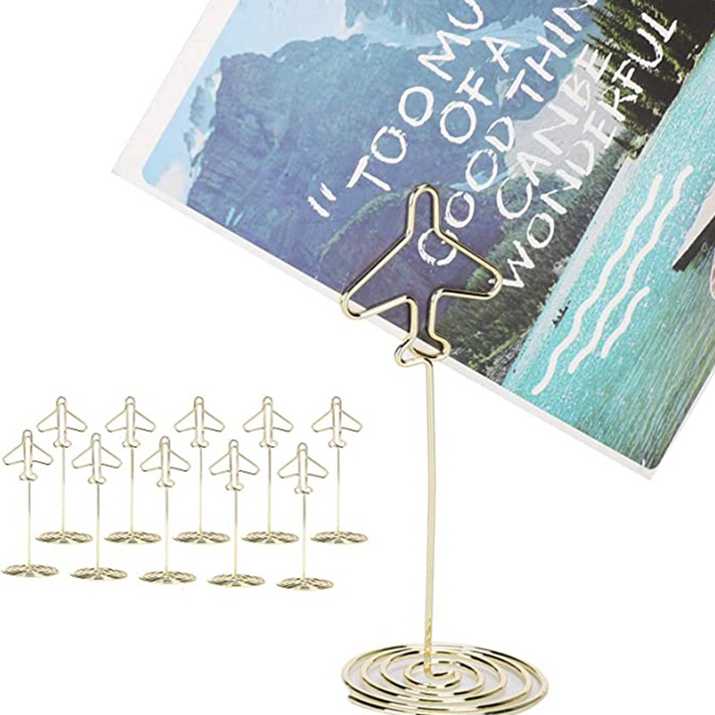Set 10 Kẹp Giữ Thẻ Ghi Nhớ / Danh Thiếp Để Bàn Bằng Kim Loại Có Đế Màu Vàng Kim