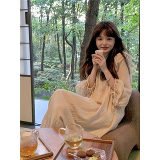 Váy ngủ dài tay nữ vải cotton mùa thu đông phong cách Retro (ORDER)