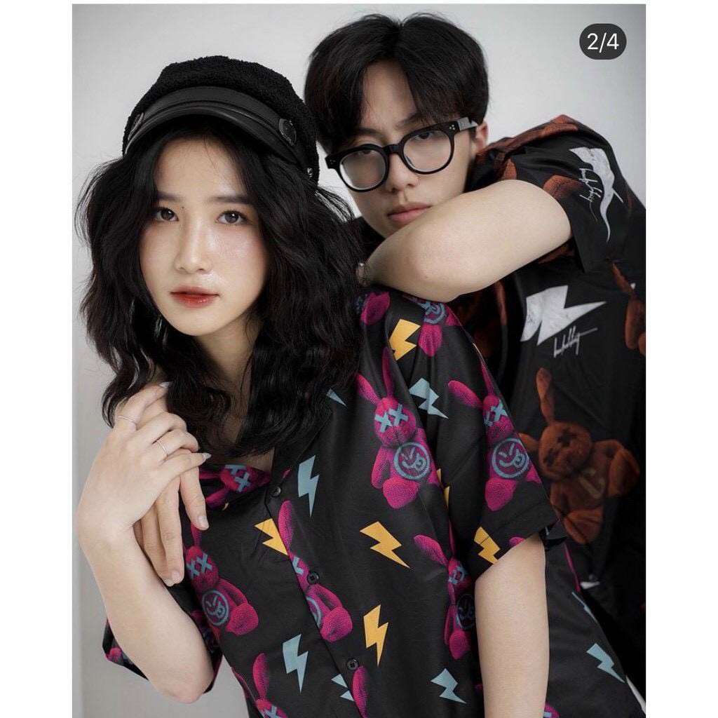 Áo sơ mi lụa nam nữ form rộng tay lở in họa tiết chú gấu cực dễ thương, chất lụa mềm mịn, thoáng mát