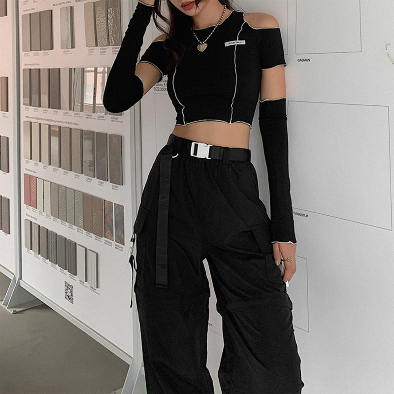 Áo thun croptop khoét lỗ hở vai viền bèo phong cách gothic harajuku thời trang đường phố dành cho nữ