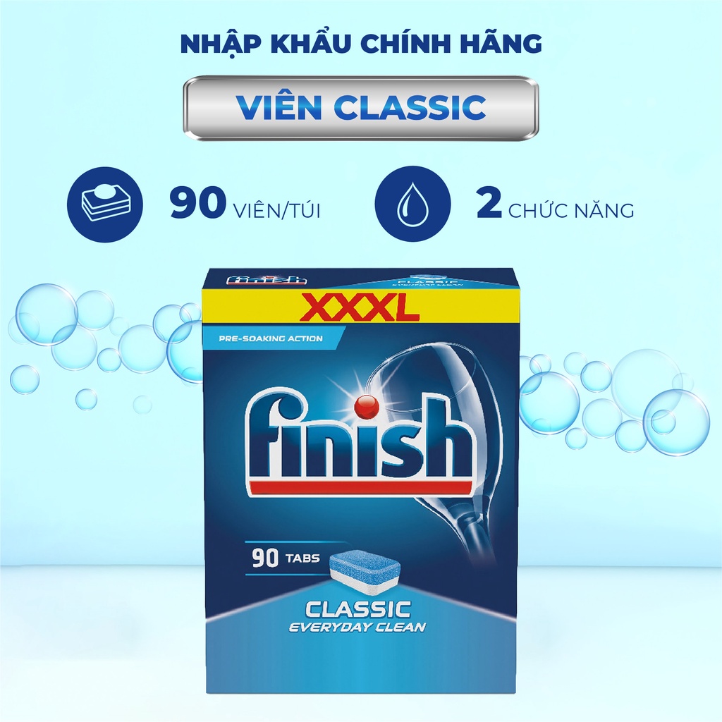 Combo chất tẩy rửa: Finish Classic 90 viên + Muối 1,2kg + Bóng 750ml