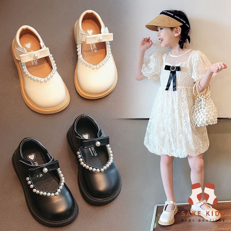 Giày búp bê bé gái, Giày da cho bé gái phong cách Hàn Quốc chất da PU mềm mại phối ngọc xinh xắn có quai dán C30