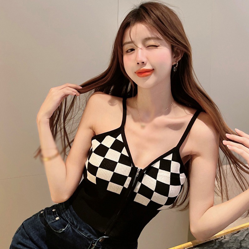 Áo Croptop Không Tay Cổ Chữ V Họa Tiết Sọc Caro Siêu Nhẹ Thiết Kế Khóa Kéo Thời Trang Cho Nữ