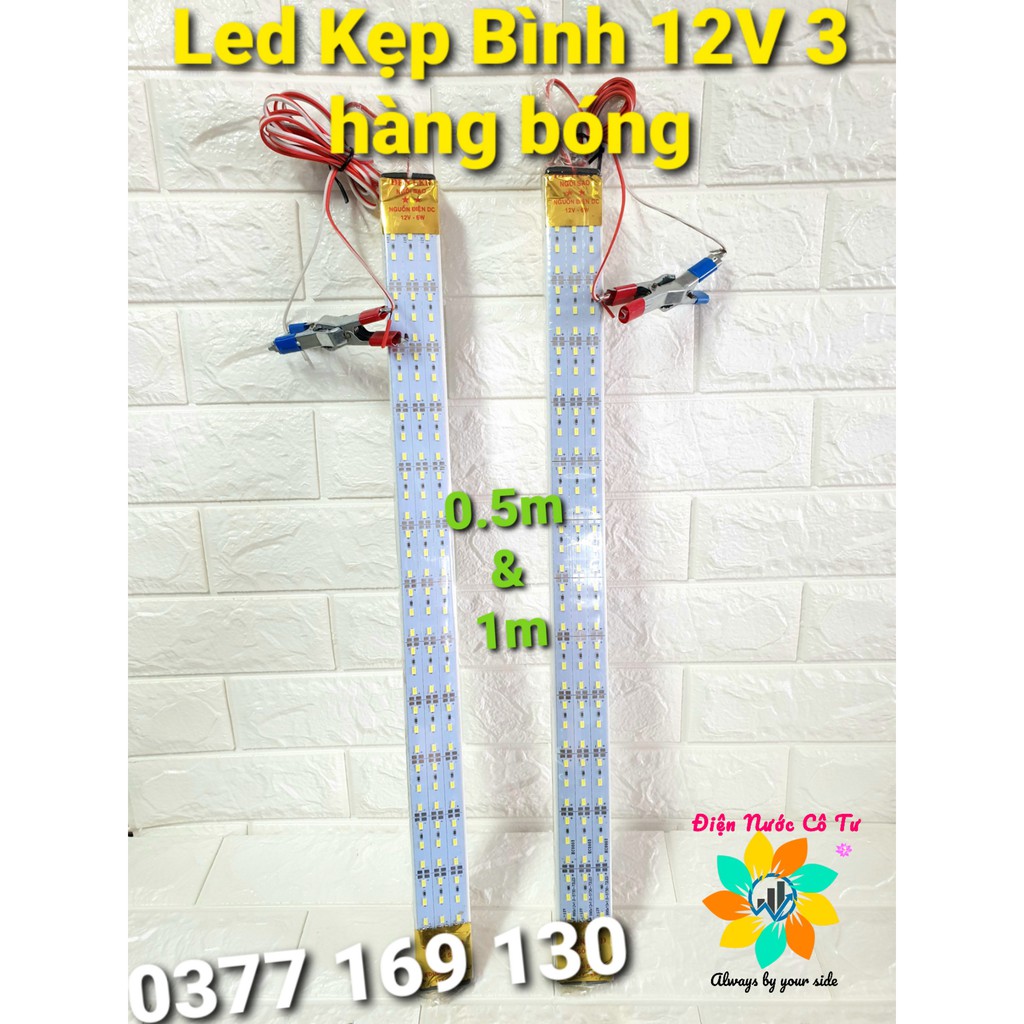 Led thanh 12V 3 hàng bóng xài bình ắc quy có dây kẹp đầy đủ dài 0.6m và 1m