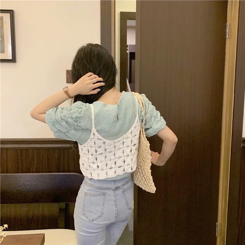VN767 JinYi Áo hai dây nữ len đan móc croptop hai màu trắng kem đi chơi đi biển đi du lịch chất đẹp dễ phối đồ