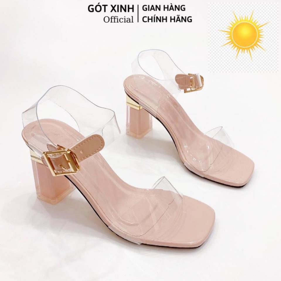 Giày sandal cao gót nữ GÓT XINH GD9 mũi vuông quai ngang mika trong kiểu dáng thanh lịch cao 7cm hk