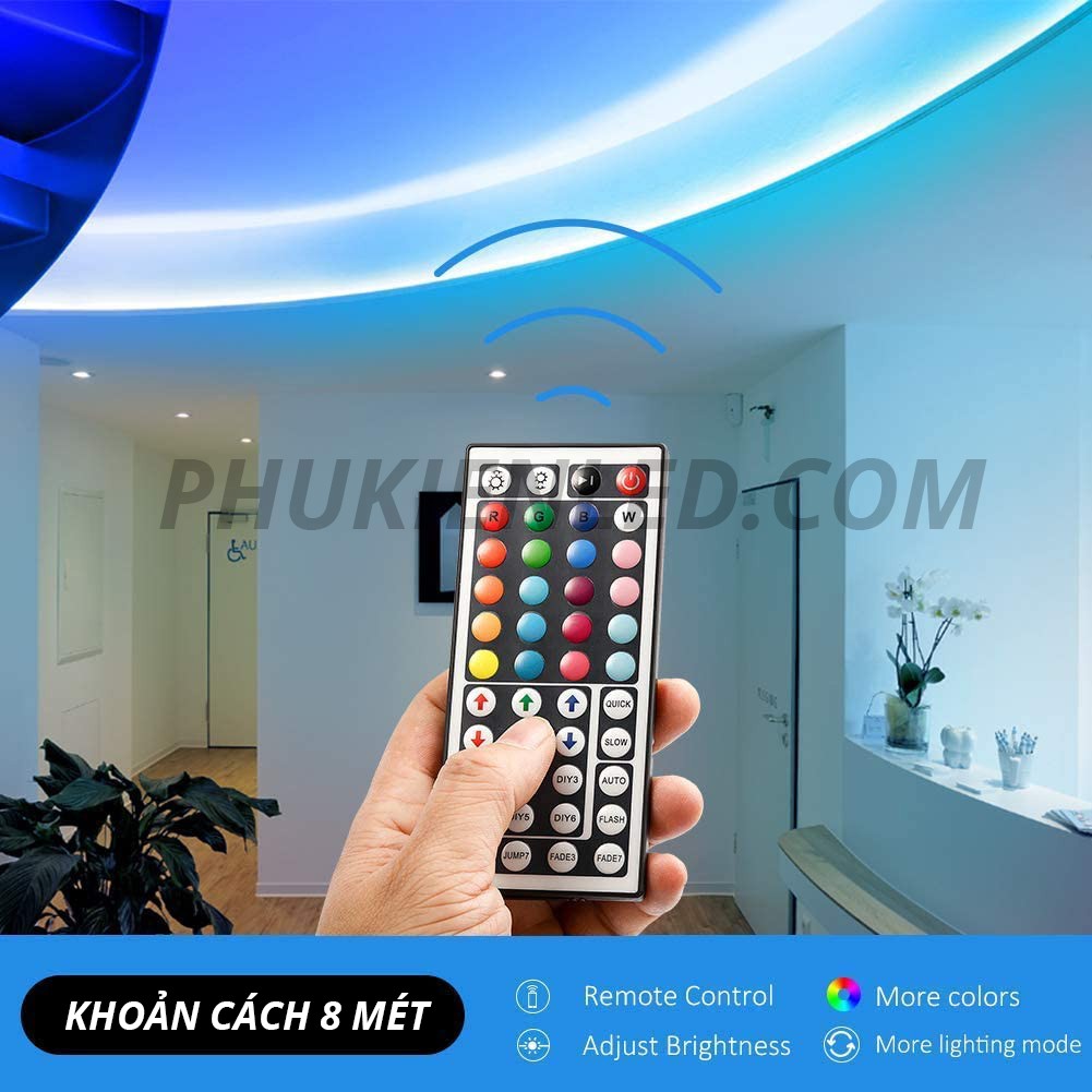 COMBO Dây Đèn Led RGB Đổi Màu Dài 5 Mét - Đèn Led Dây 5050 300 Bóng Led Có Keo Dán 2 Mặt Có Remote 44 Phím Và Nguồn 12v