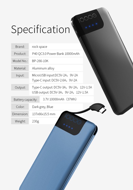 Sạc Dự Phòng chính Hãng Rock Space P40 hỗ trợ sạc nhanh Quickcharger QC3.0 Power Bank 10000mAh.