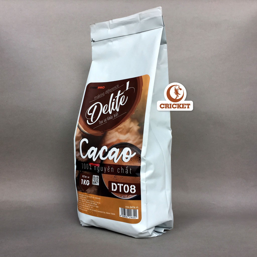 Bột Cacao Nguyên Chất 100% DT08 Delite 1kg - Pha Đồ Uống Làm Bánh Loại 1, Nguyên Liệu Trà Sữa CRICKET