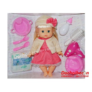 Búp bê Baby Doll 3599B Đội nón - Kèm phụ kiện tóc - Mắt chớp - Dùng pin, có âm thanh, uống nước, đi vệ sinh