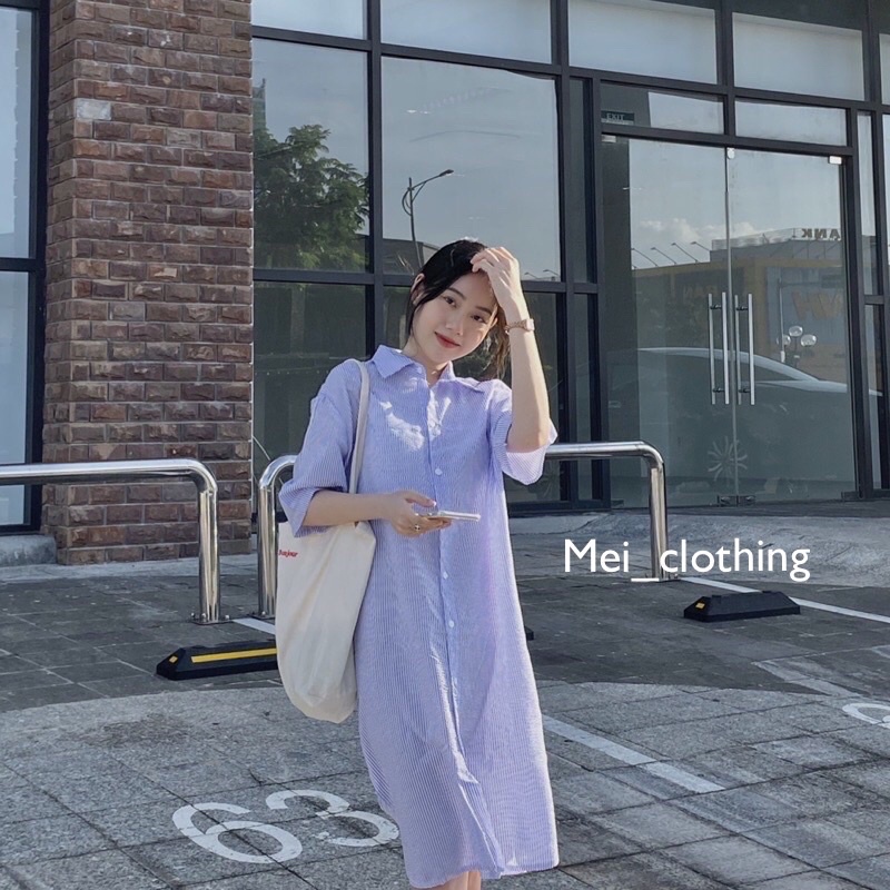 [Ảnh thật/video] Váy sơmi kẻ suông tay lửng Hàn Quốc chất xốp lạ mắt