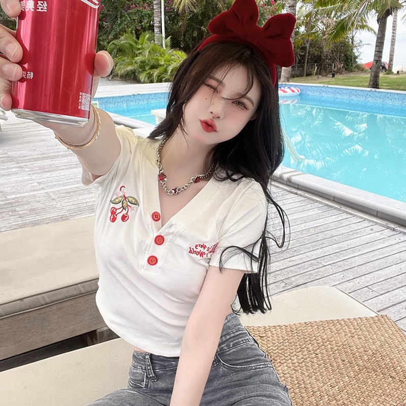 COZOK Áo Thun Tay Ngắn Dáng Ôm Thêu Hình Quả Cherry Dễ Thương