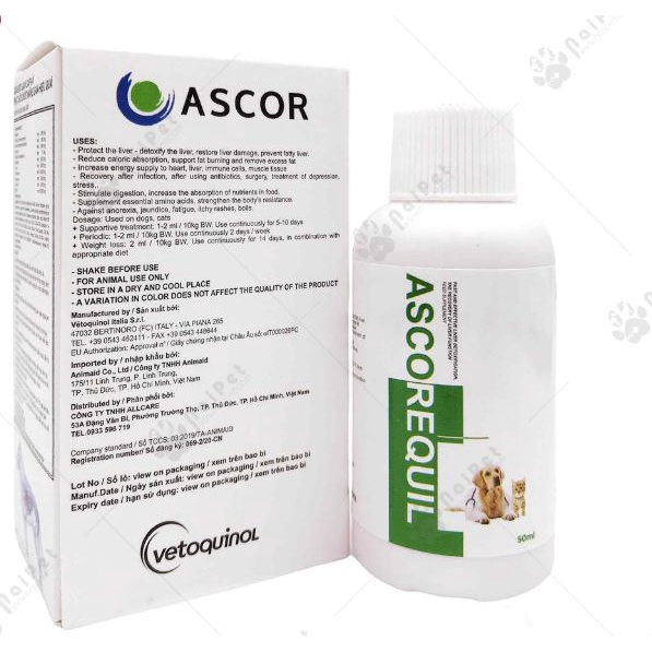 Ascorequil - Dung dịch uống hỗ trợ chức gan và thải độc gan cho chó mèo. Thuốc bổ cho chó, mèo chai 50ml.